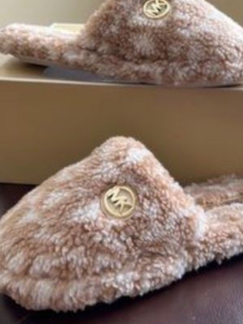 Michael Kors Fuzzy Shearling Slide Slippers - Taupe